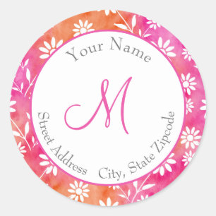Sticker Rond Rose chaud, orange Aquarelle Abstraite marguerites