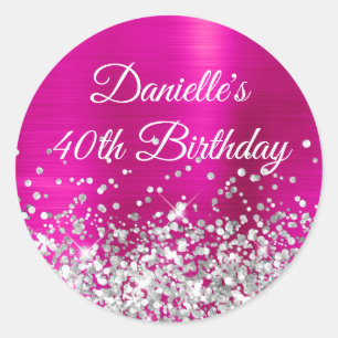 Sticker Rond Rose Chaude et Paillettes Argentées 40e Anniversai