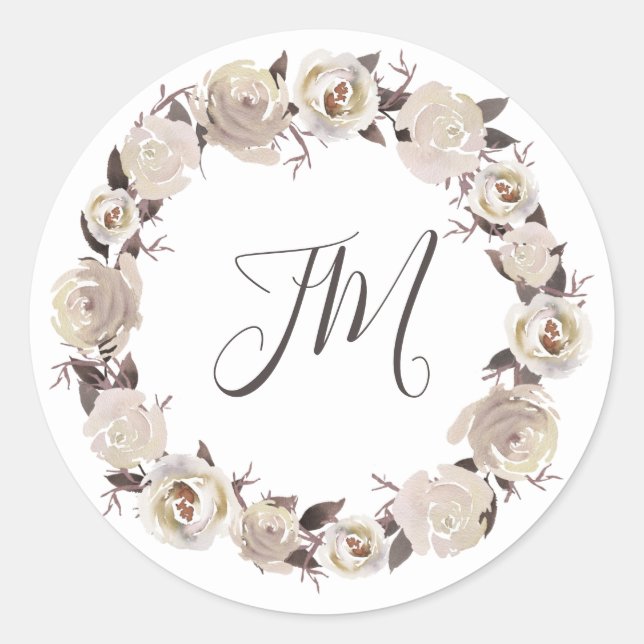 Sticker Rond Rose crémeux Mariage de monogramme de couronne fle (Devant)