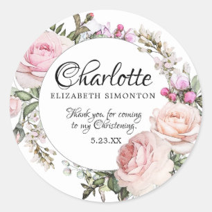 Sticker Rond Rose d'aquarelle rose Christening personnalisé
