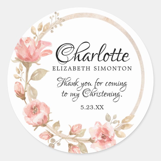 Sticker Rond Rose d'aquarelle rose Christening personnalisé (Devant)