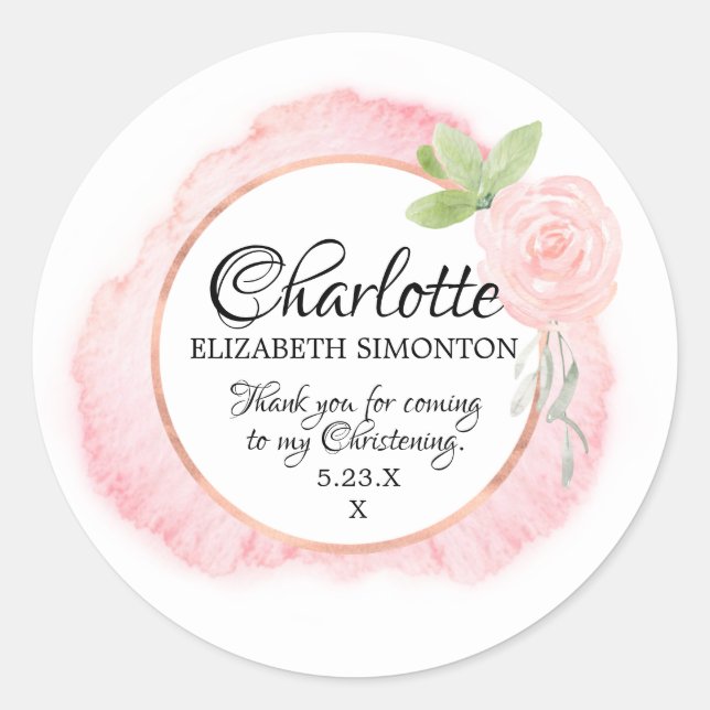 Sticker Rond Rose d'aquarelle rose Christening personnalisé (Devant)