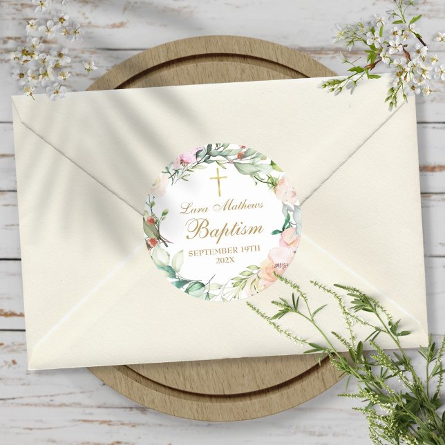 Sticker Rond Rose de bois Garland Baptême Christening (Woodland Rose Garland Baptism Christening Classic Round Sticker)