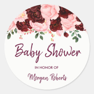 Sticker Rond Rose de Bourgogne et Baby shower floral rose