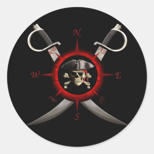 Sticker Rond Rose de boussole de crâne de pirate