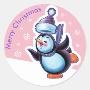sticker rond rose de Noël Patinage de pingouin.