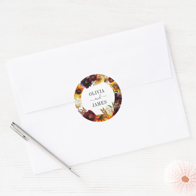 Sticker Rond Rose de tournesol rustique Bourgogne Mariage de co (Enveloppe)