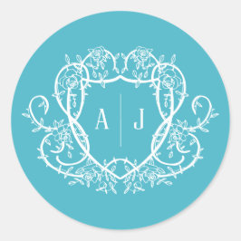 Sticker Rond Rose Débridée Monogramme Blason Mariage Turquoise