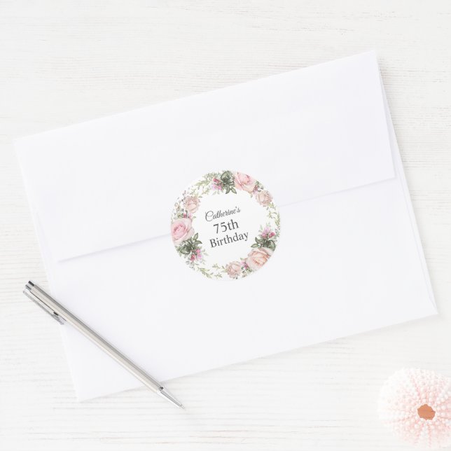 Sticker Rond Rose d'été Jardin Floral Dames 75e anniversaire (Enveloppe)