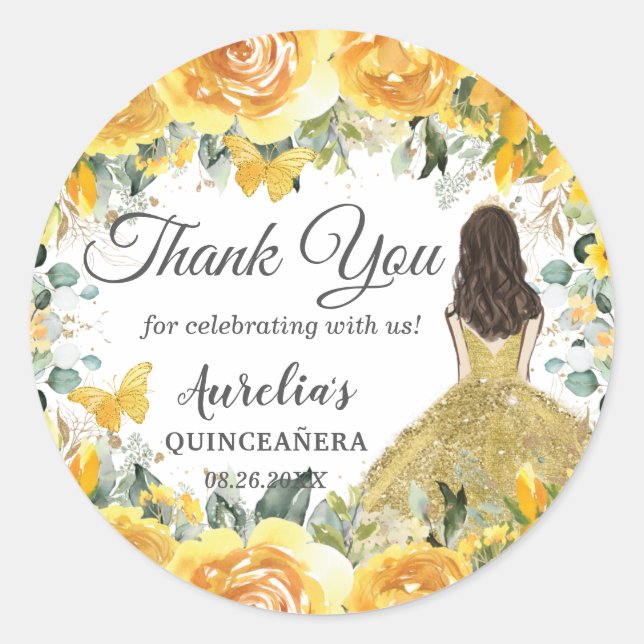 Sticker Rond Rose d'or jaune papillons floraux Princesse Faveur (Devant)