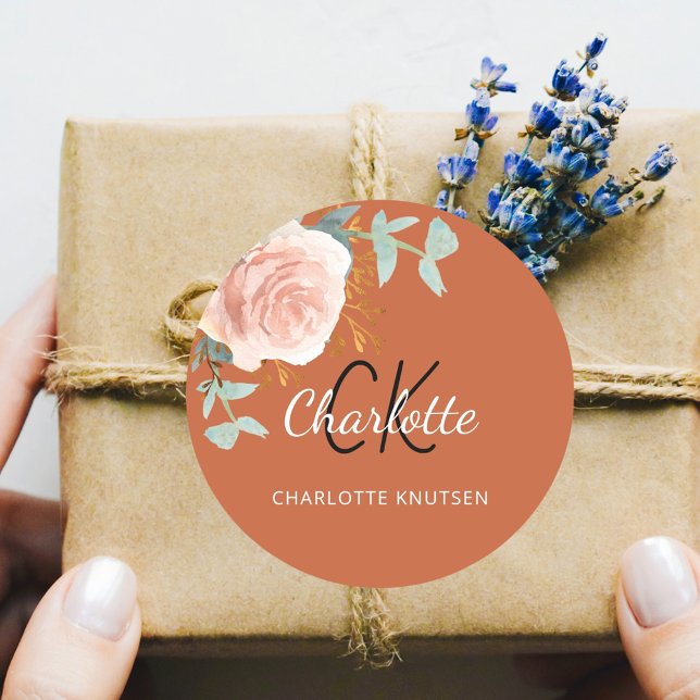 Sticker Rond Rose doré orange brûlé floral vert sauge merci (Créateur téléchargé)