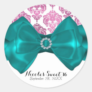 Sticker Rond Rose et Blanc Damassé Nœud Papillon Sarcelle Glamo