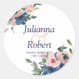 Sticker Rond Rose et bleu aquarelle florale mariage classique o