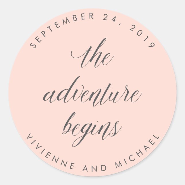 Sticker Rond Rose et gris L'aventure commence Mariage (Devant)