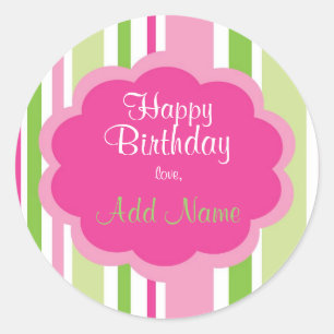Sticker Rond Rose et vert d'autocollant de joyeux anniversaire