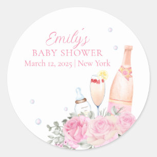 Sticker Rond Rose Fleur Poppin Champagne Bouteilles Baby shower