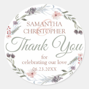 Sticker Rond Rose Floral Gold Green Script Mariage Merci