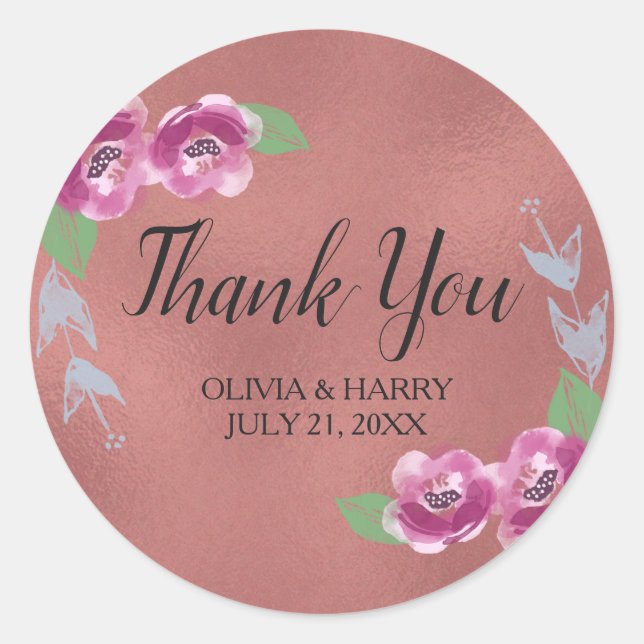 Sticker Rond Rose Floral Gold Wedding Favoriser Merci (Devant)