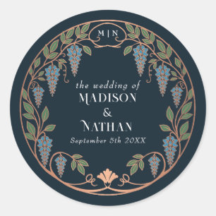 Sticker Rond Rose Gold Art Nouveau Mariage Bleu Wisteria