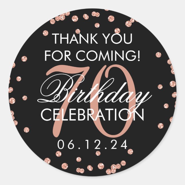 Sticker Rond Rose Gold Black 70e anniversaire Merci Confetti (Devant)