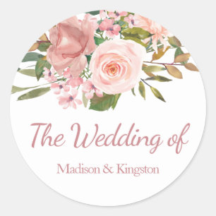 Sticker Rond Rose Gold & Blush Flowers Mariage Faveur Sceau