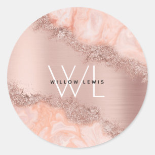 Sticker Rond Rose Gold Blush rose Agate Géode Parties scintilla
