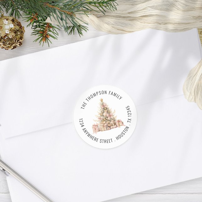 Sticker Rond Rose Gold Christmas Tree Retourner Nom Adresse (Créateur téléchargé)