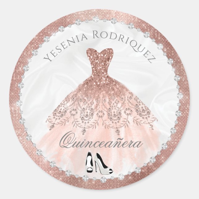 Sticker Rond Rose Gold Diamond Sparkle Glam Quinceanera (Devant)