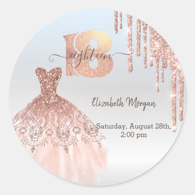 Sticker Rond Rose Gold Drips Robe Argent 18e anniversaire (Devant)