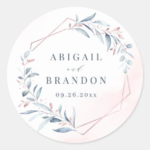 Sticker Rond Rose Gold Dusty Blue Greenery Mariage géométrique