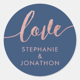 Sticker Rond Rose Gold et Bleu Nuit Moody Mariage Personnalisé