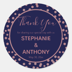 Sticker Rond Rose Gold et Marine Blue Confetti Merci Mariage