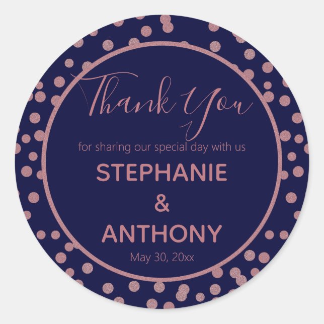 Sticker Rond Rose Gold et Marine Blue Confetti Merci Mariage (Devant)