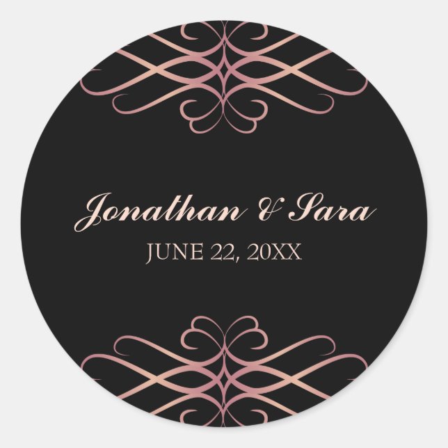 Sticker Rond Rose Gold et noir, Elégant Mariage personnalisé (Devant)