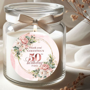 Sticker Rond Rose Gold Féminin Blush Floral 50e Anniversaire