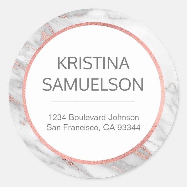 Sticker Rond Rose Gold Foil Marbre Gris Nom et adresse de retou (Devant)