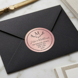 Sticker Rond Rose Gold Foil Wreath Monogramme Adresse de retour