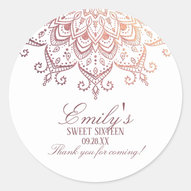 Sticker Rond Rose Gold Mandala Sweet 16 Merci (Devant)
