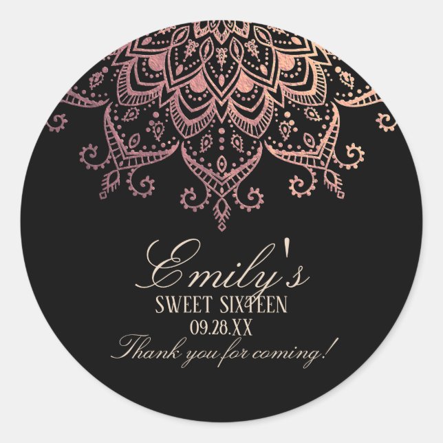 Sticker Rond Rose Gold Mandala Sweet 16 Merci (Devant)
