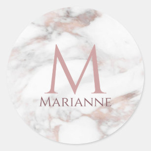 Sticker Rond Rose Gold Marbre Monogramme Personnalisé Moderne É