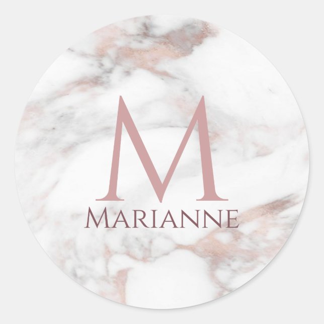 Sticker Rond Rose Gold Marbre Monogramme Personnalisé Moderne É (Devant)