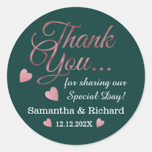 Sticker Rond Rose Gold Merci mariage Faveur Emerald Green