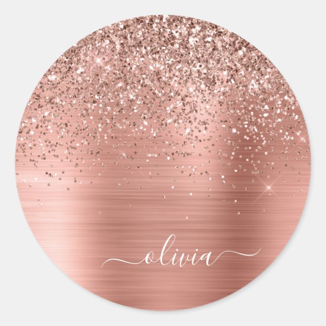 Sticker Rond Rose Gold Métal Brossé Monogramme Paillettes Rose (Devant)