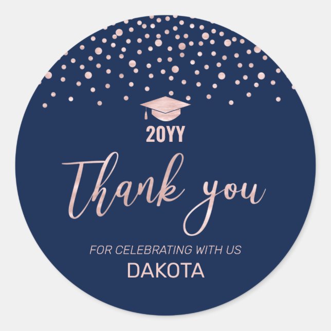Sticker Rond Rose Gold & Navy Confetti Graduation Party Favoris (Devant)