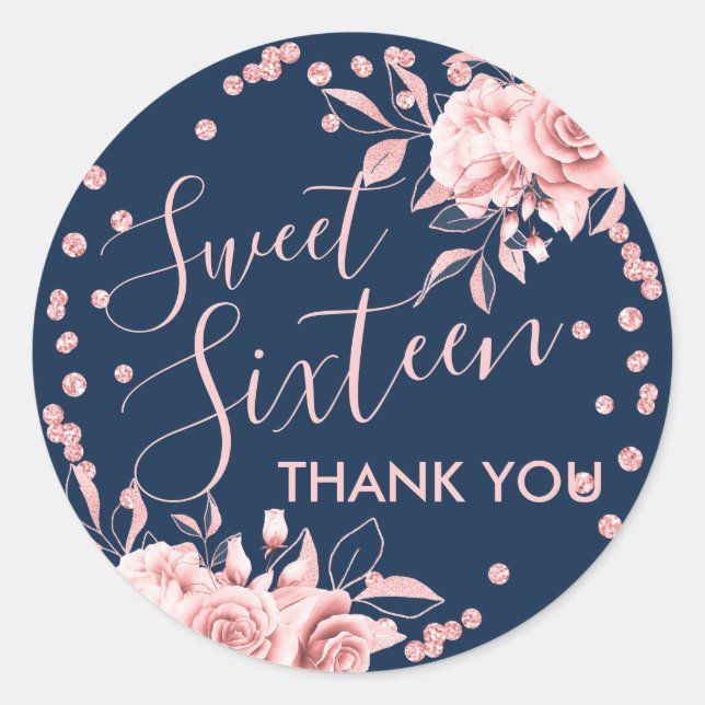 Sticker Rond Rose Gold Navy Sweet 16 Merci Parties scintillant  (Devant)