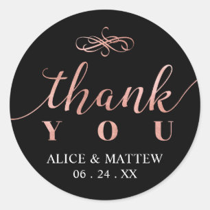 Sticker Rond Rose Gold & Noir Mariage Merci, Cadeaux