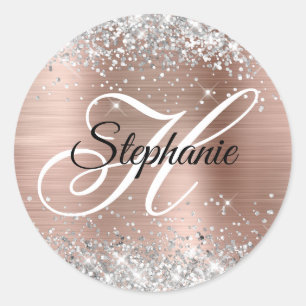Sticker Rond Rose Gold Pailleté Argent Monogramme Fantaisie