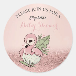 Sticker Rond Rose Gold Pailleté Bébé Flamant Rose Mignon Invita