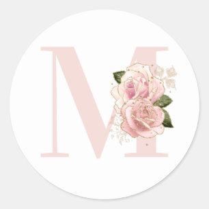Sticker Rond Rose Gold Pailleté Blush Floral Monogramme Féminin