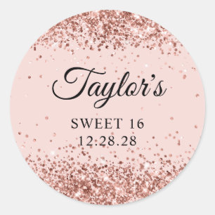 Sticker Rond Rose Gold Pailleté Blush Sweet 16